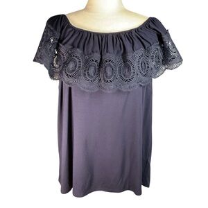 Adrianna Papell Women's Navy Blue Lace Trim Off the Shoulder Top Size M